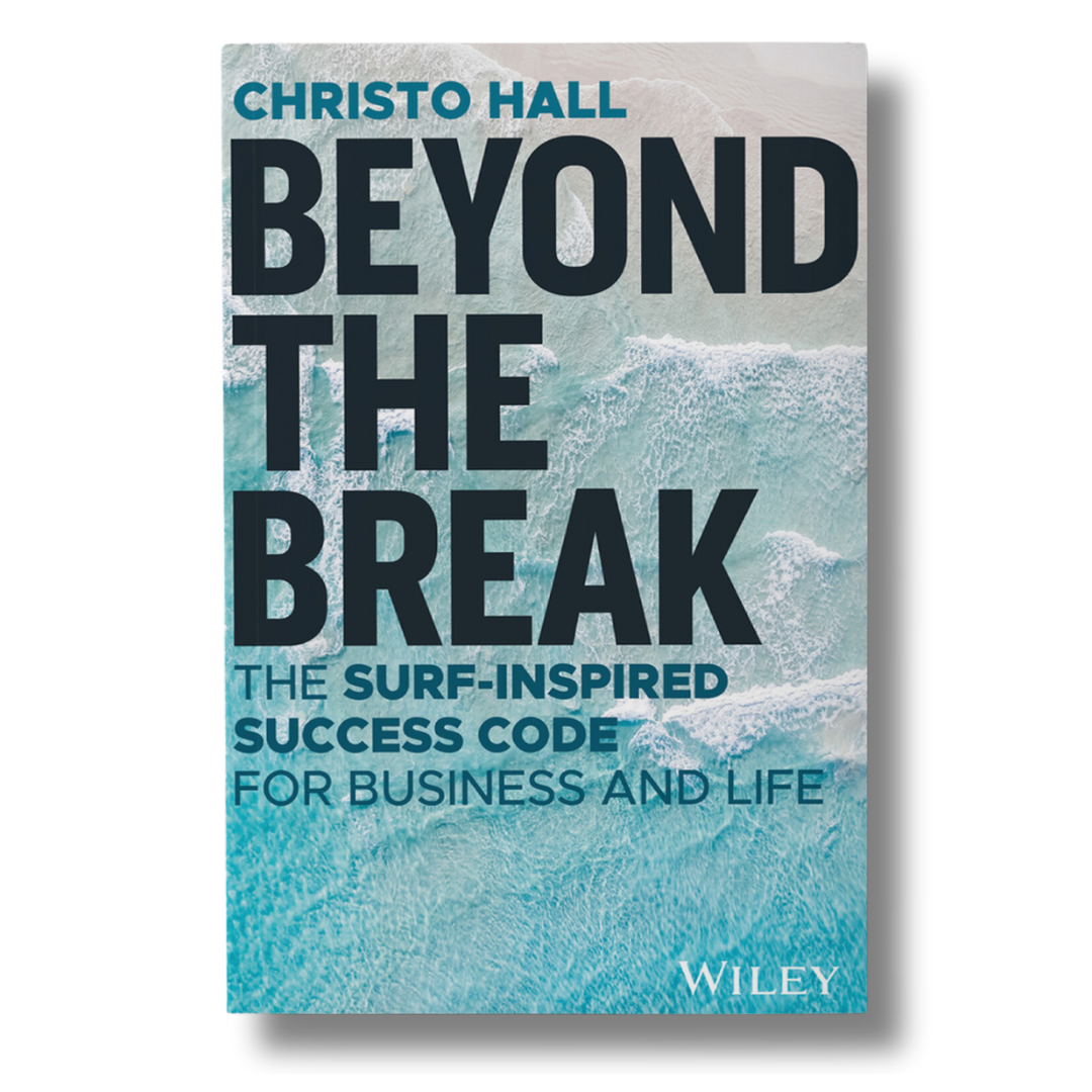 Cover of the book "Beyond The Break: The Surf-Inspired Success Code for Business and Life" by Christo Hall, published by Wiley. Auto-drafting your path to success, the background features ocean waves.