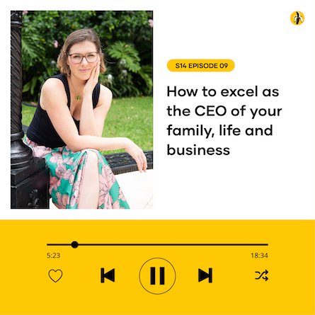 A person seated outdoors wearing glasses and a floral skirt is featured alongside the text "How to excel as the CEO of your family, life, and business" for a podcast episode. Audio controls are displayed below.