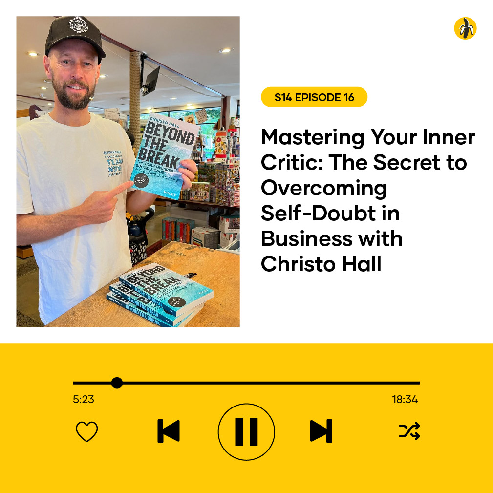 A person holds a book titled "Beyond the Break" in a store, highlighted next to an Auto Draft text. On the right, a podcast episode about conquering self-doubt in business with Christo Hall is promoted.