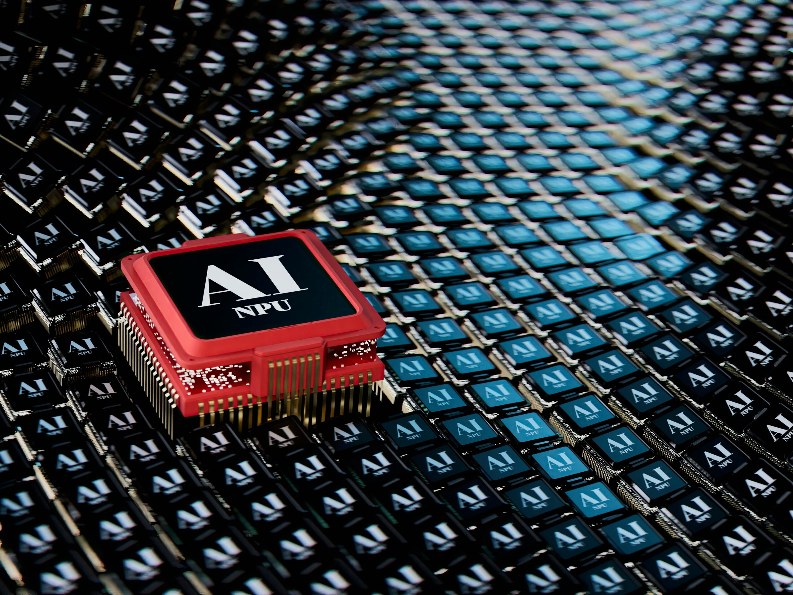 A red AI NPU chip is prominently displayed among numerous black AI chips, arranged in a pattern.