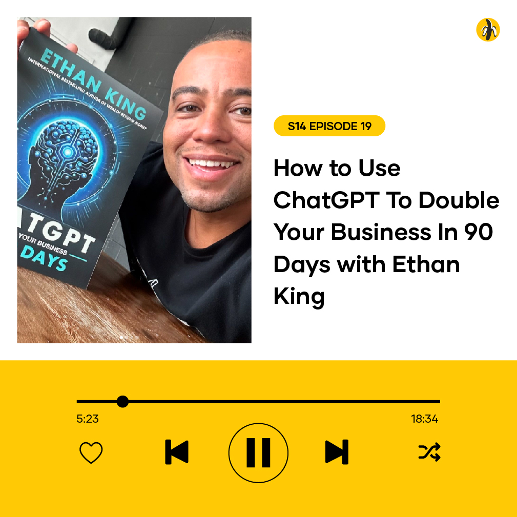 Person holding a book titled "10 GPT Powered Days" with cover art of a brain. Text reads: "How Ethan King Used ChatGPT to Double Your Business in 90 Days." Music player at the bottom.