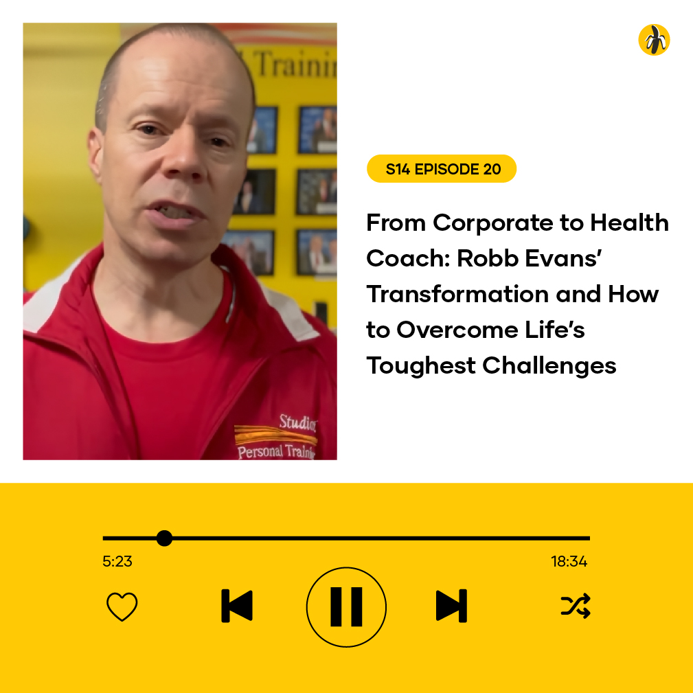 Man in red shirt talking, with podcast details on the right. Control icons are shown at the bottom.