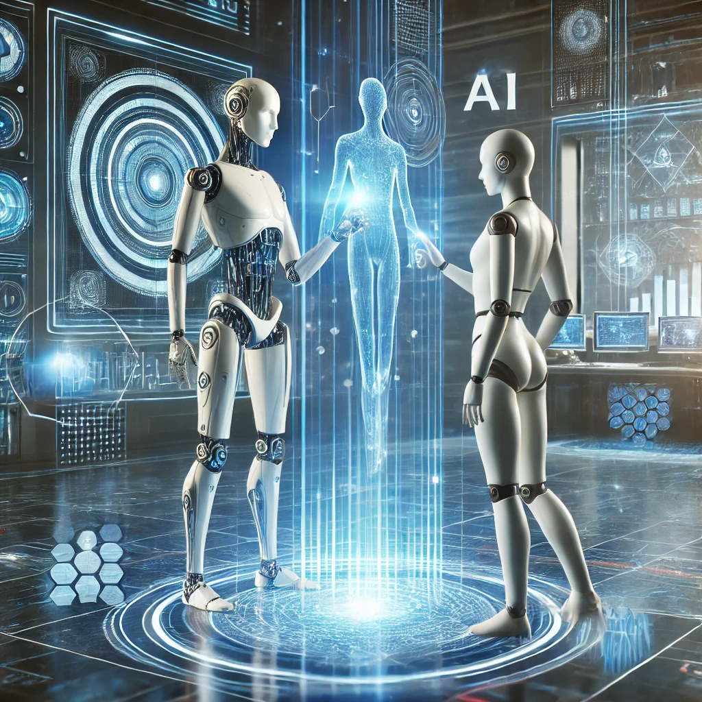 Two humanoid robots interact with a glowing holographic figure in a futuristic setting, with AI elements and digital displays in the background.