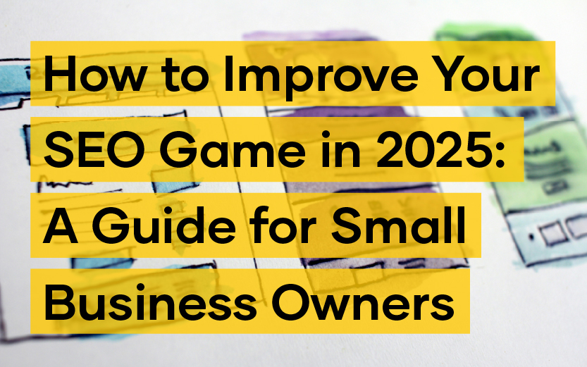 Text on a blurred page reads: "Mastering SEO in 2025: A Guide for Small Business Owners.