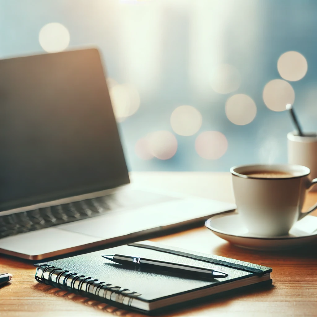 Open laptop on a desk with a notebook, pen, and coffee cup, surrounded by soft lighting and blurred background.