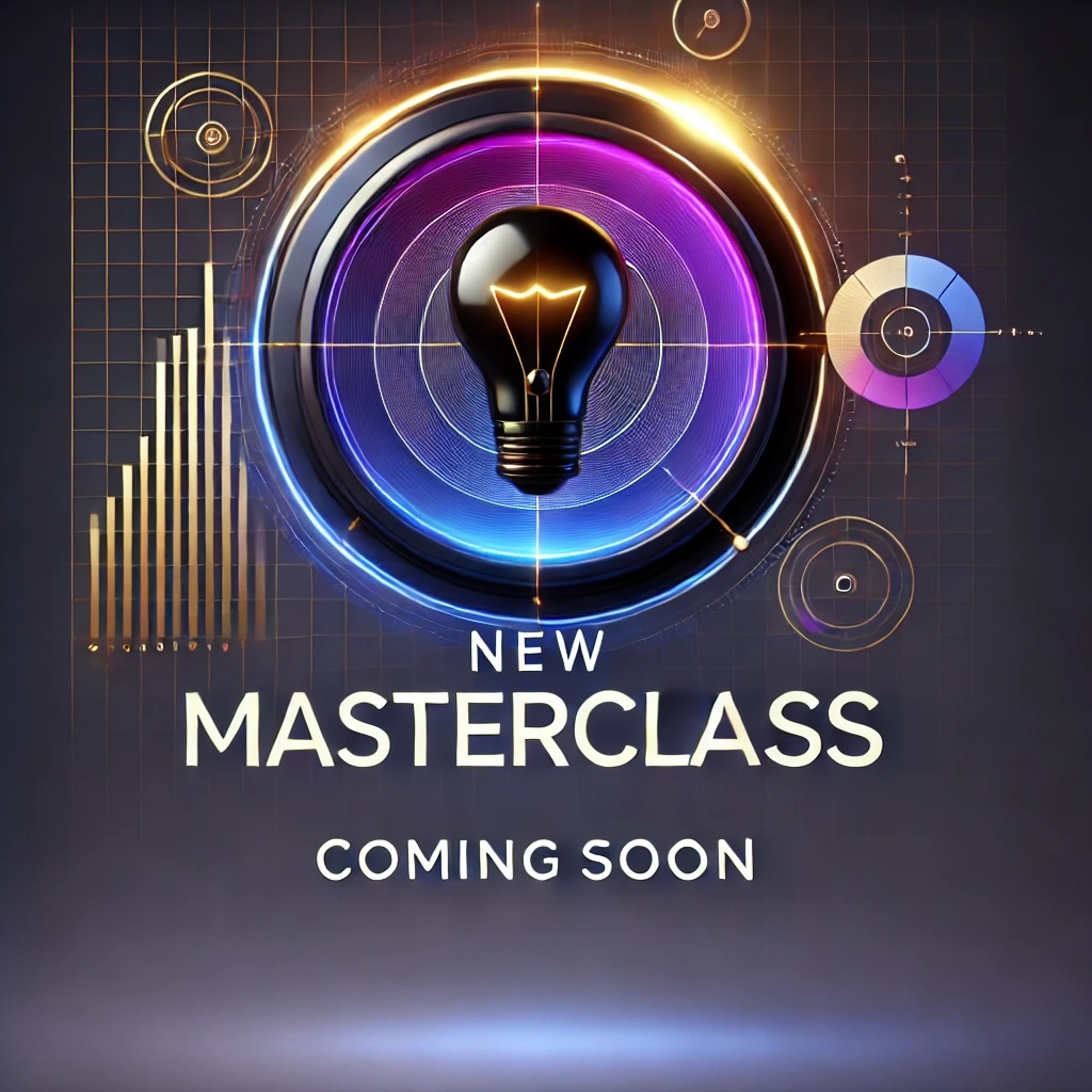 Futuristic design featuring a central lightbulb and digital graphics, with text "New Masterclass Coming Soon" below.