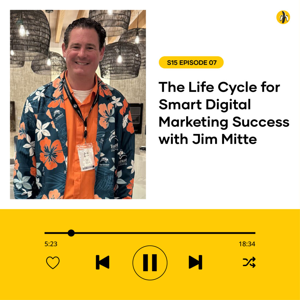 A man in a floral shirt smiles at the camera. Text reads "The Life Cycle for Smart Digital Marketing Success with Jim Mitte." A podcast player shows episode details.