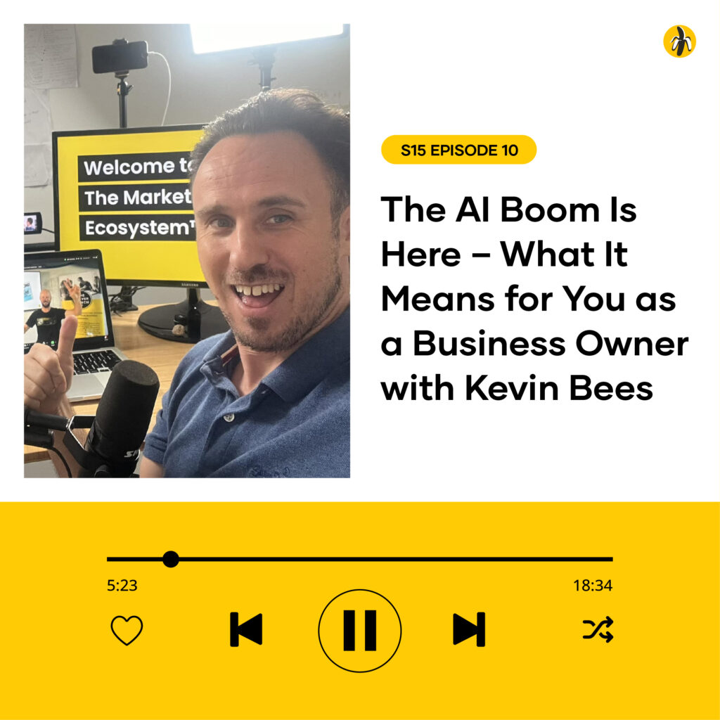 A man sits at a desk with a microphone, giving a thumbs up, next to a screen displaying “Welcome to The Market Ecosystem.” Podcast episode details are shown below.