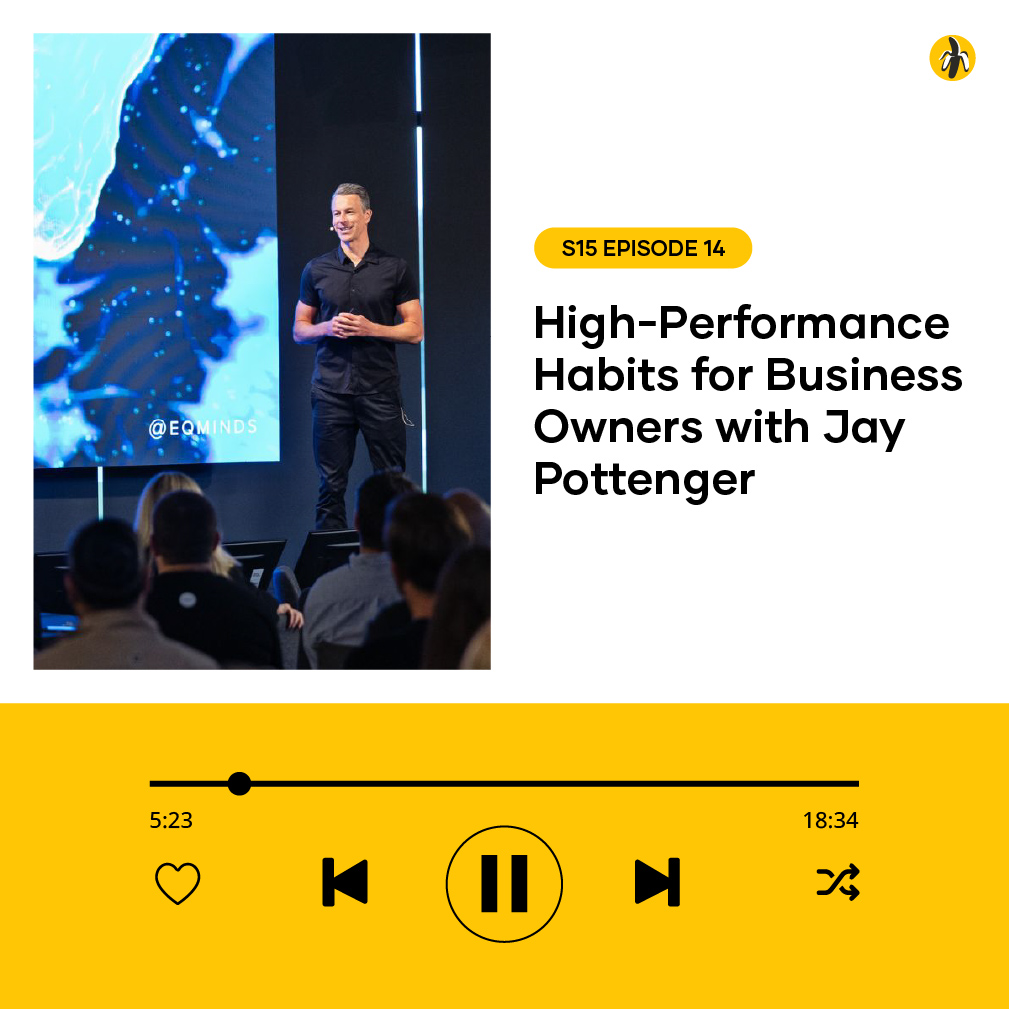 A man stands on stage speaking to an audience, with a large abstract screen behind him. Text beside the image promotes Jay Pottenger’s podcast episode about High-Performance Habits for business owners.