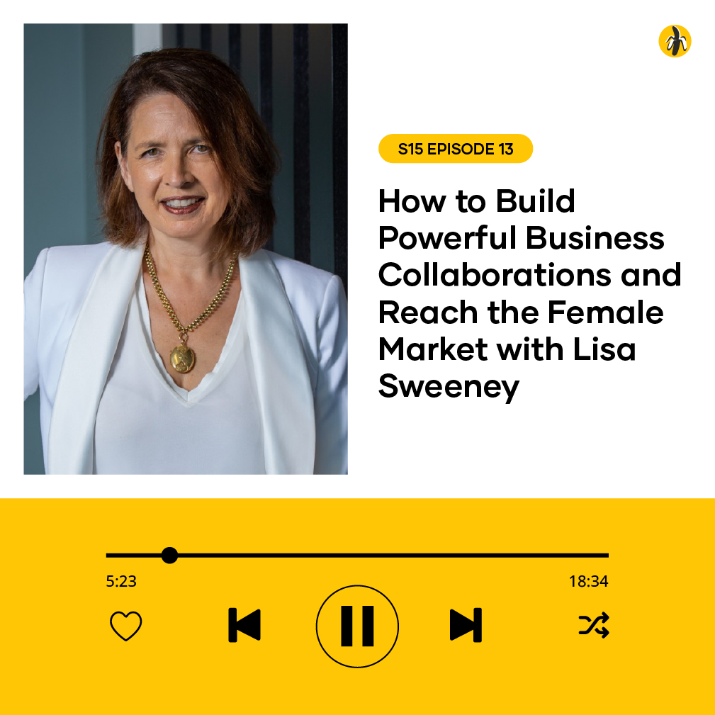 A woman in a white blazer stands smiling beside text promoting a podcast episode with Lisa Sweeney on female market business collaborations. Audio player controls are shown below.