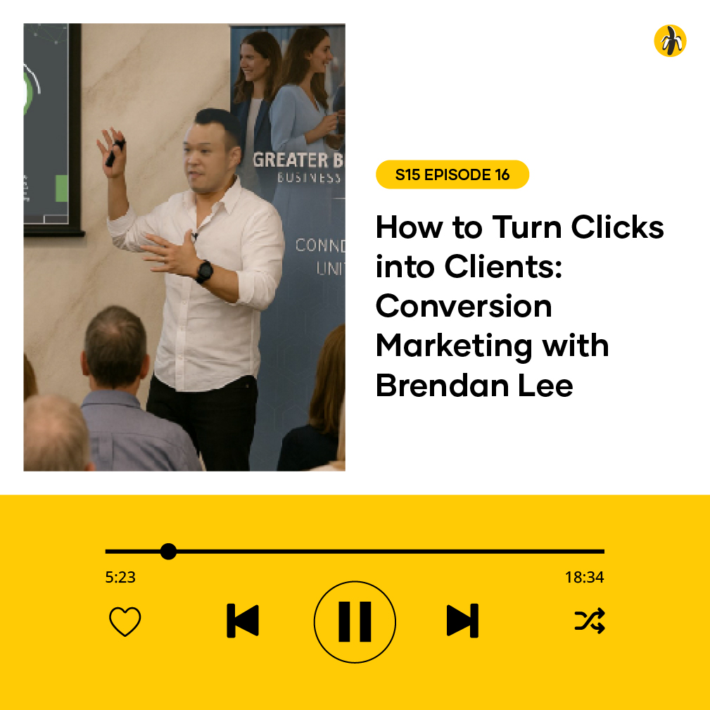 A man stands in front of a screen giving a presentation to an audience. Text reads: "How to Turn Clicks into Clients: Conversion Marketing with Brendan Lee.