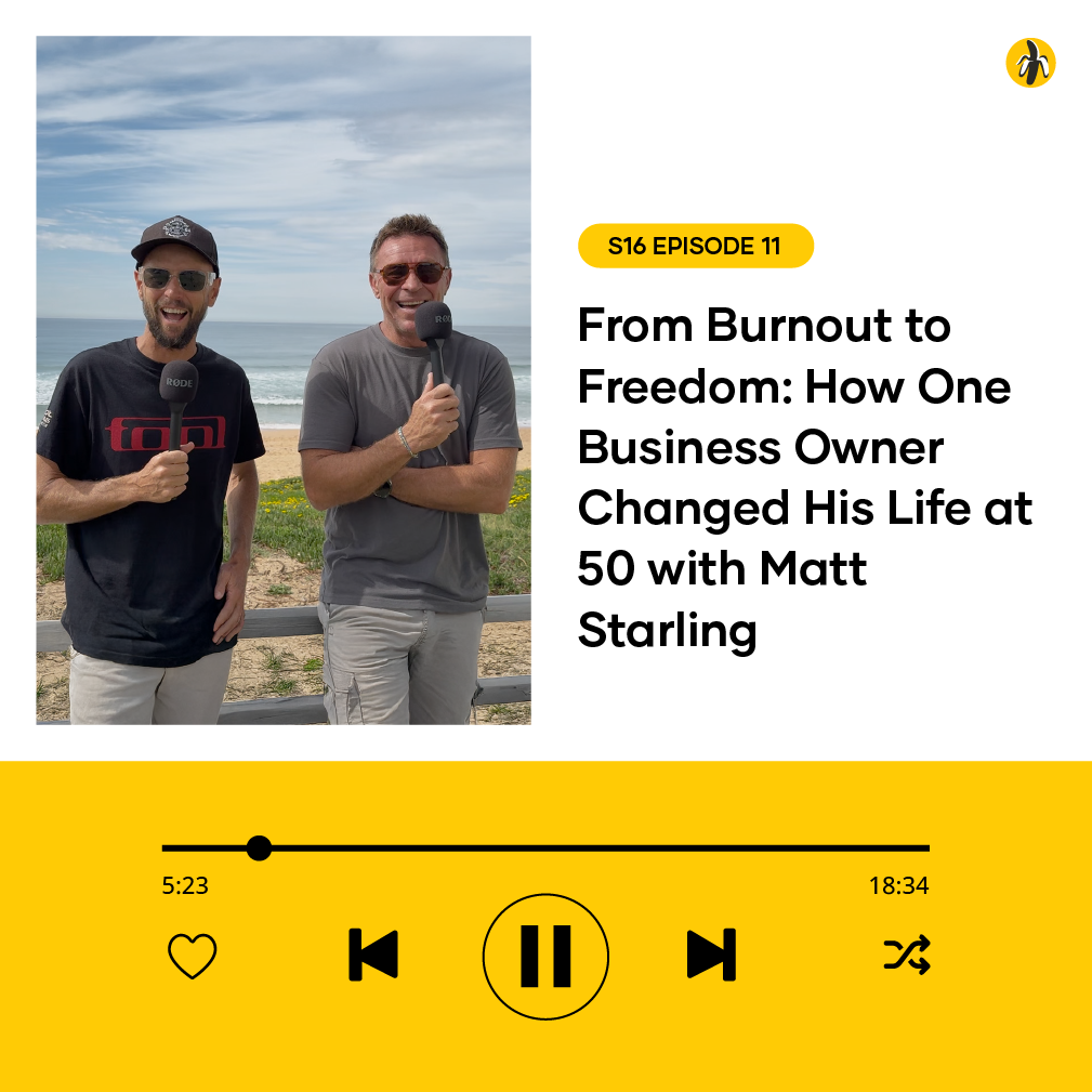 Two men with microphones on a beach, standing beside the episode title 'From Burnout to Freedom'.