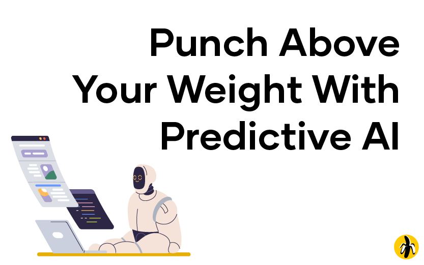 Robot on a yellow base using a laptop with floating documents beside a bold headline about predictive AI, plus a small yellow logo in the bottom-right corner.